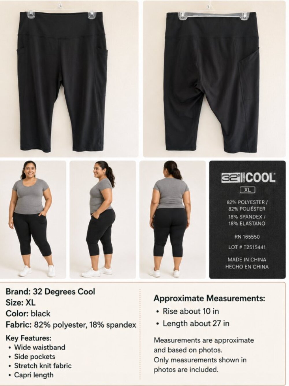 32 Degrees Cool Classic Black High Rise Pocket Capri Leggings Women’s XL